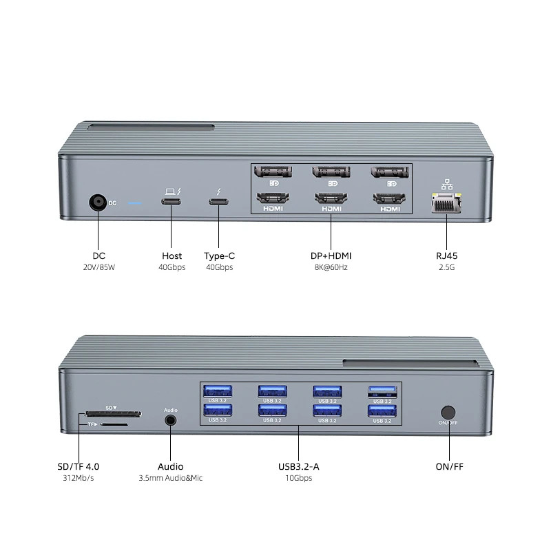 Estação de acoplagem USB C Thunderbolt 3 4 Tipo C 8 Portos USB 2.5 Gigabit Ethernet Macbook