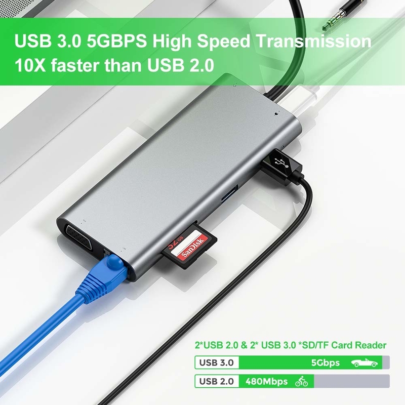 11 portas 11 em 1 USB Type C Hub 10Gbps USB C Docking Station Plug And Play Integração de software