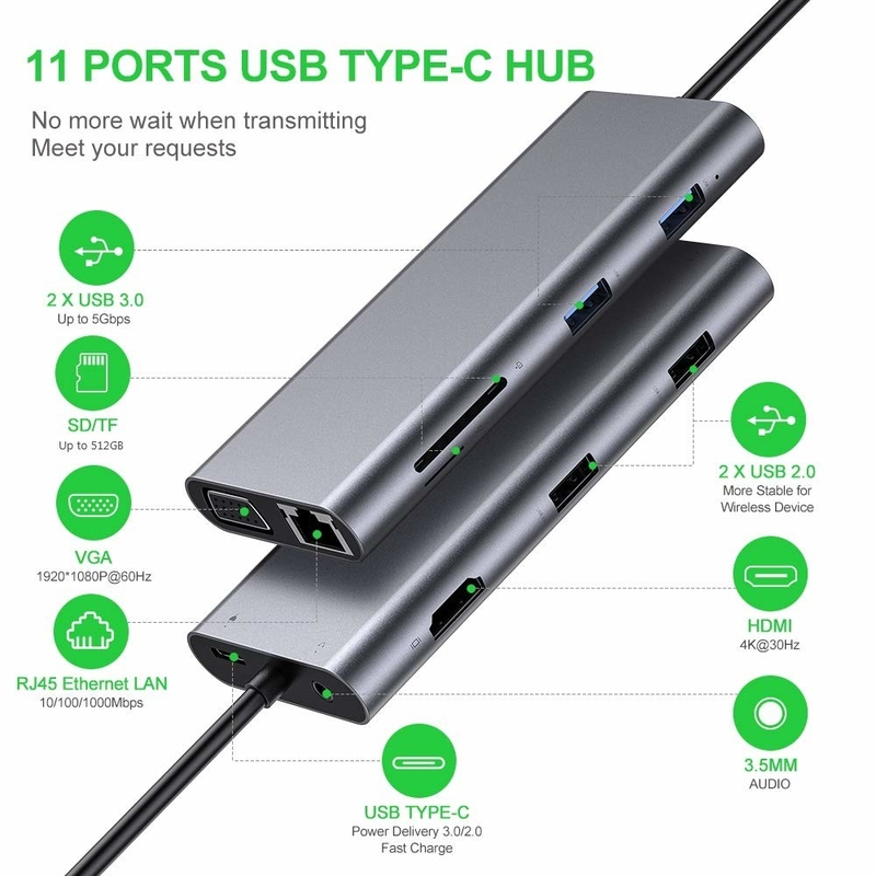 11 portas 11 em 1 USB Type C Hub 10Gbps USB C Docking Station Plug And Play Integração de software
