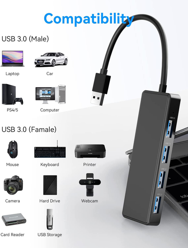 4 6 7 Portos USB 3.0 Hub para laptop USB A Splitter com cabo estendido USB C Port de alimentação
