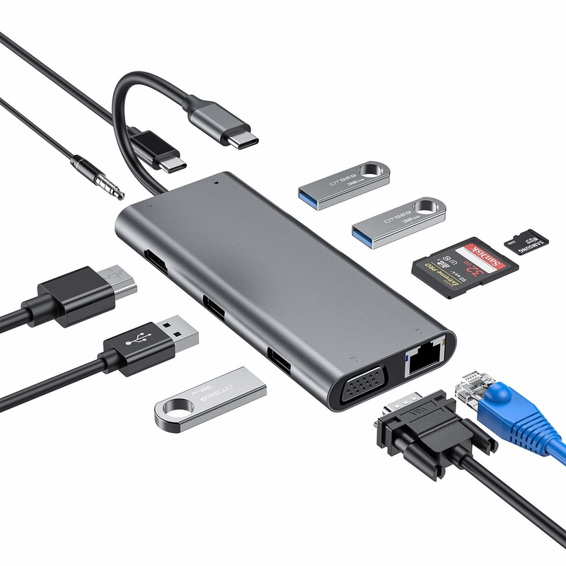 Estação de Dock Multiport de Hub Tipo-C 11 em 1 Com Adaptador USB3.0 PD SD/TF 4K HDMI VGA RJ45