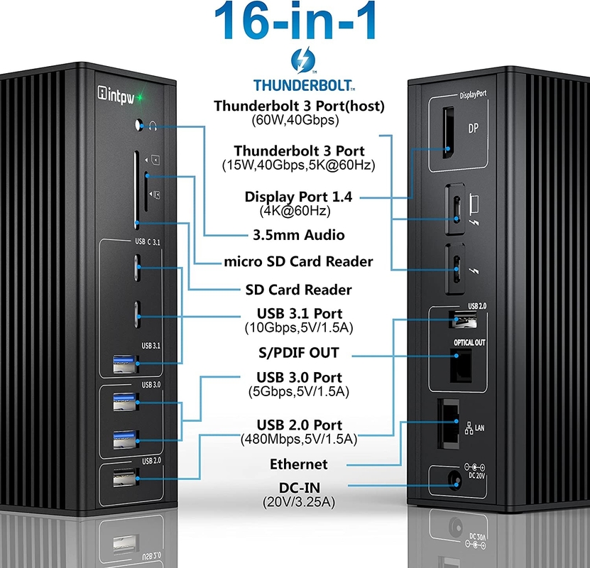 Thunderbolt 3 Adaptador Hub Mac USB C Estação de acoplagem 10Gbps Stereo Combo Jack Port