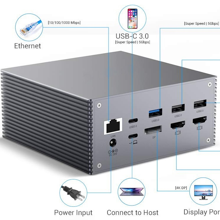 16 em 1 Desktop Pc Usb C Docking Station Universal Windows MacOS 3.5mm Jack de áudio