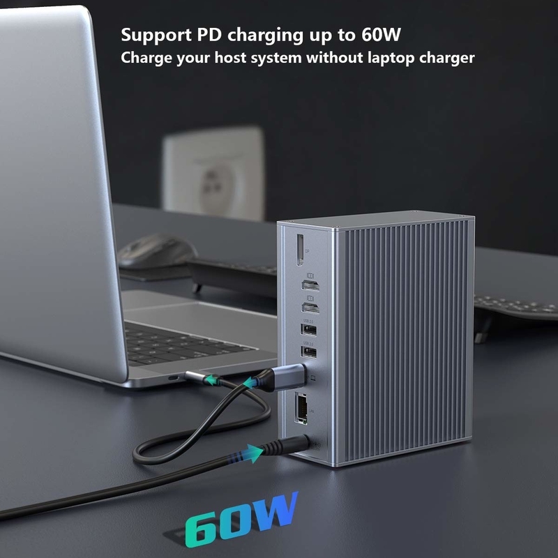 Estação de acoplagem 16 em 1 para portátil Adaptador usb c Cinza Taxa de transferência de dados 10Gbps Porta de exibição