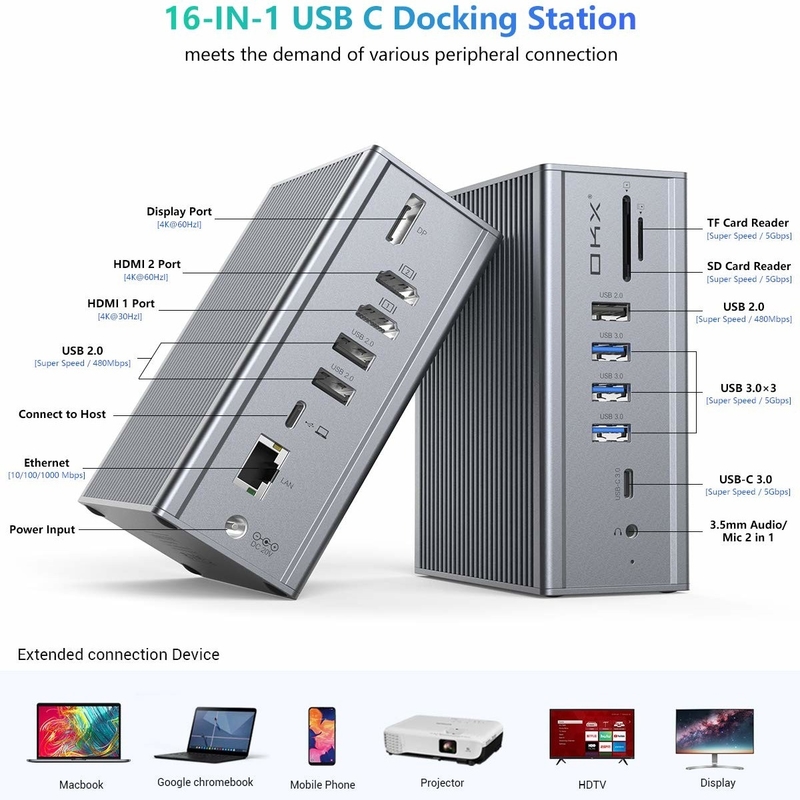 Estação de acoplagem 16 em 1 para portátil Adaptador usb c Cinza Taxa de transferência de dados 10Gbps Porta de exibição