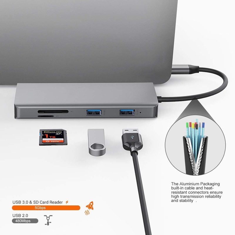 11 em 1 de alumínio Silver USB C Hub com 3.5mm Audio Jack SD Card Reader para Mac laptop