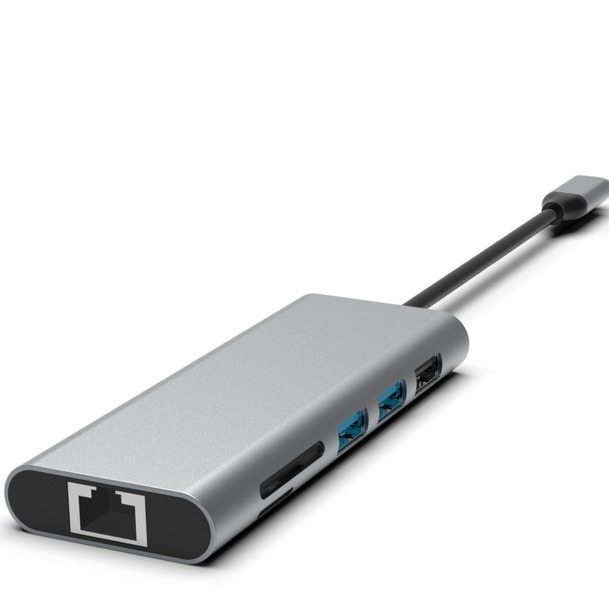 Hub USB-C 10 em 1 prateado com HDMI USB 3.0 Ethernet 3.5mm Jack de áudio para PC e laptop