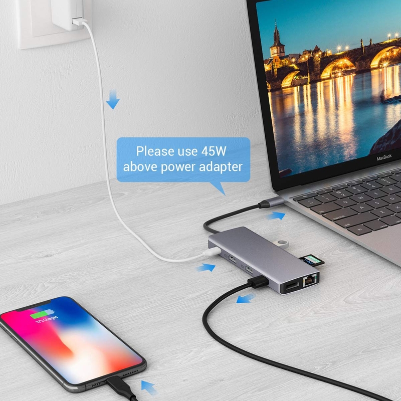 USB A Tipo C Hdmi Usb Hub com velocidade de transferência de 5Gbps e fonte de alimentação