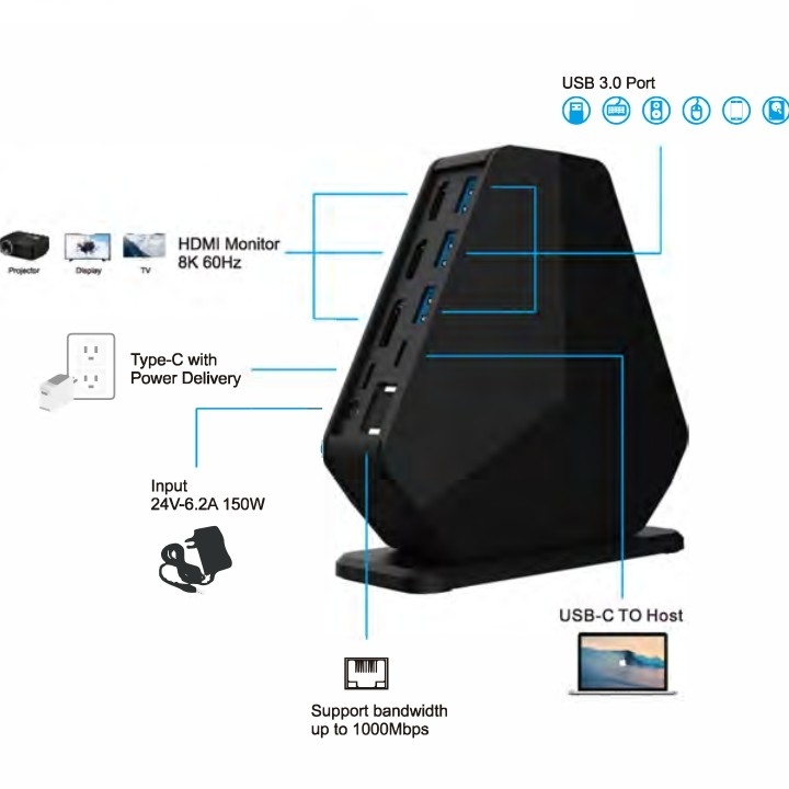 Estação de carregamento de computador Usb C Estação de acoplagem Gigabit Ethernet Conexão com fio estável até 1Gbps