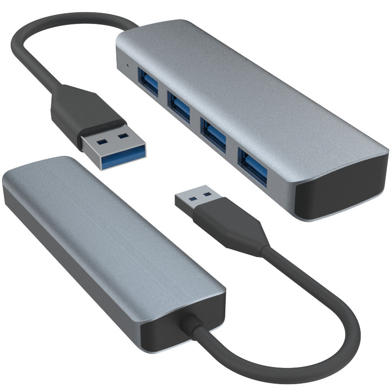 4 portas USB Hub com fonte de alimentação Elegante preto cinza Adaptador de Hub de alumínio para computadores
