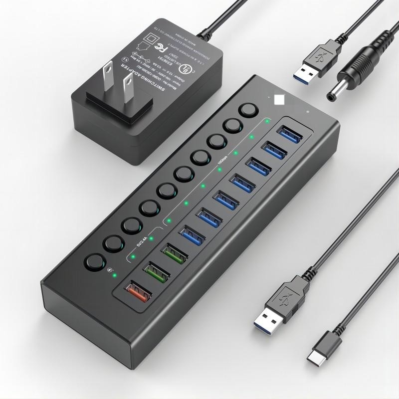 Multi-Port Hub USB C 3.0 Docking Station Laptop Splitter Uma porta de carregamento inteligente Interruptores de ligação/desligação individuais
