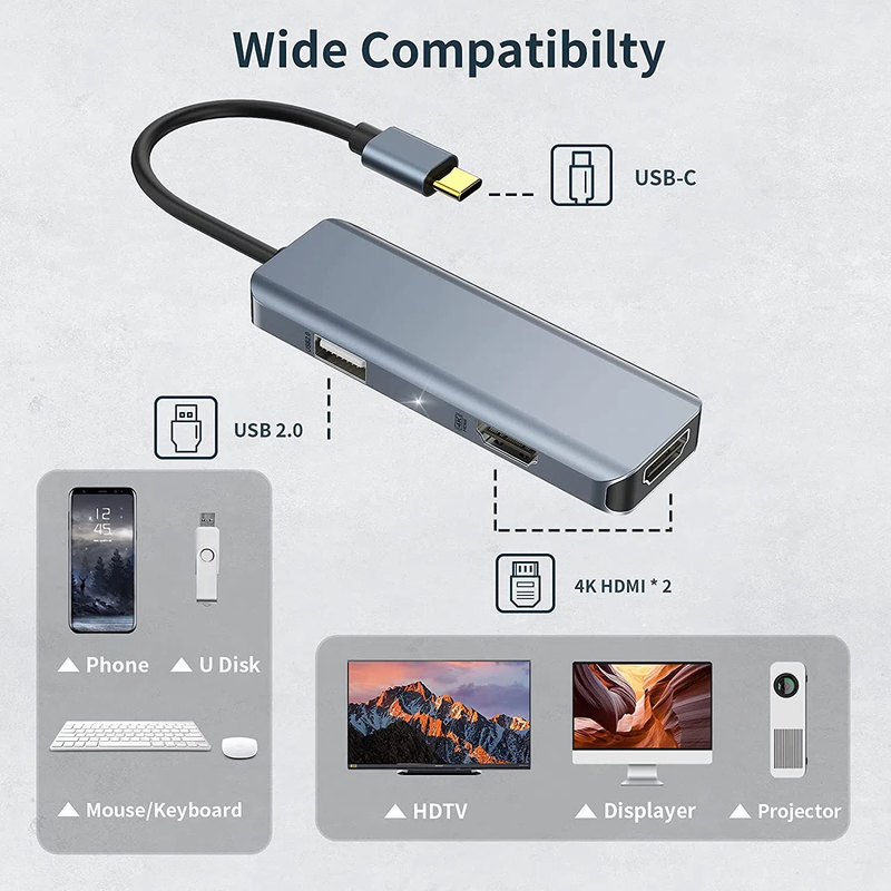 3 em 1 USB Hub Adaptador HDMI Usb C para Usb 2.0 Adaptador Slim Dock para Mac
