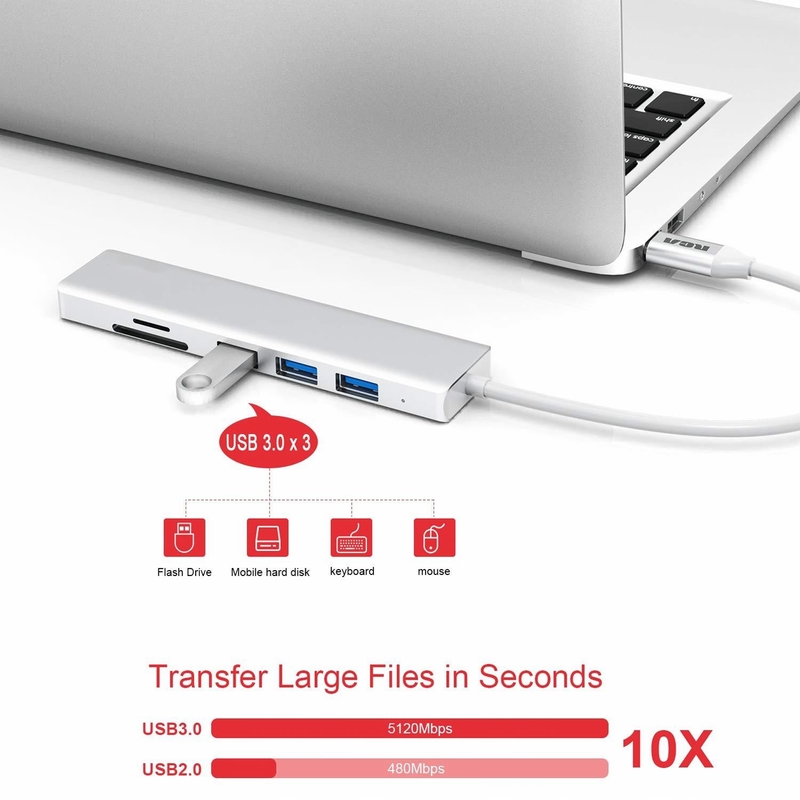 6 Portos USB-C Hub Splitter Usb-C Expander Adaptador USB portátil Multiport Hub de dados