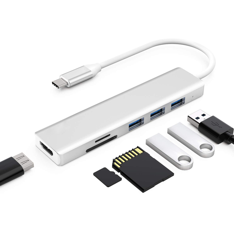 6 Portos USB-C Hub Splitter Usb-C Expander Adaptador USB portátil Multiport Hub de dados