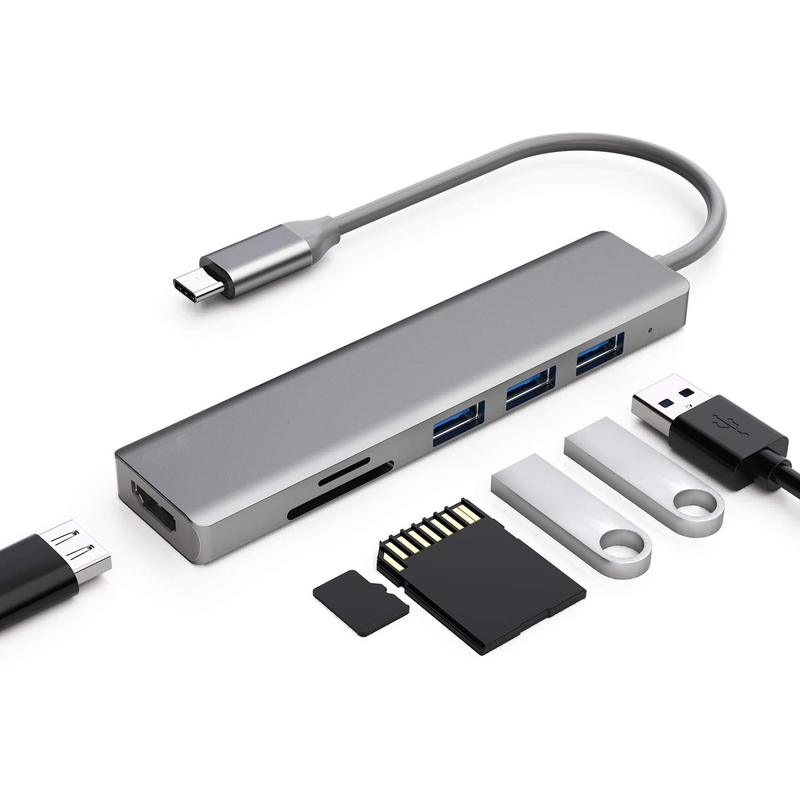 6 Portos USB-C Hub Splitter Usb-C Expander Adaptador USB portátil Multiport Hub de dados