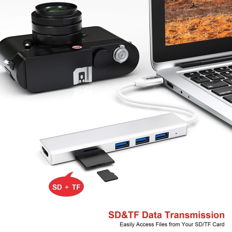 Usb C 6 em 1 Adaptador Multiport para HDMI Splitter USB-A 3.1 Tipo-C Porta de dados 100W PD SD Card Reader