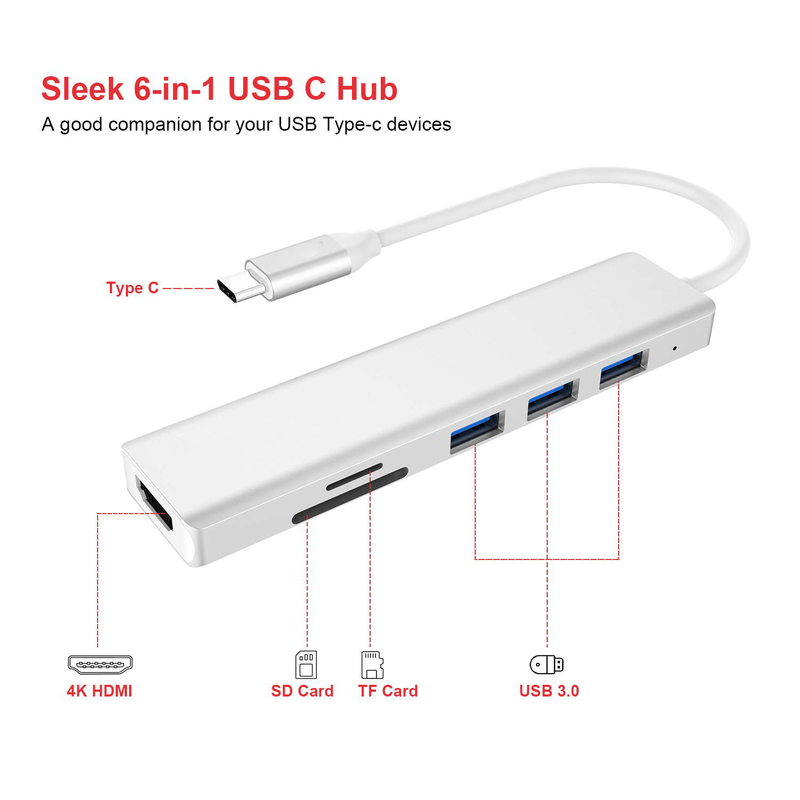 6 Portos USB-C Hub Splitter Usb-C Expander Adaptador USB portátil Multiport Hub de dados