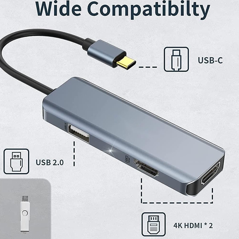 Dual HDMI USB C Dock Hub Alumínio USB C Adaptador Monitor 3 em 1 Dongle Com 4K HDMI