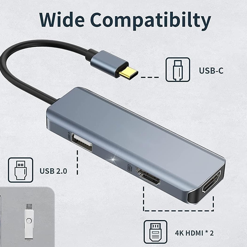 Adaptador USB C duplo 3 em 1 Dongle 4K HDMI Docking Station Compatível com MacBook Pro
