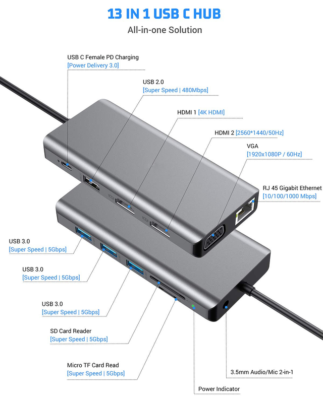 Usb C 11 em 1 Multiport Dock Tipo C Triple Usb 3.0 TF Card Tipo-C Usb-C Laptop