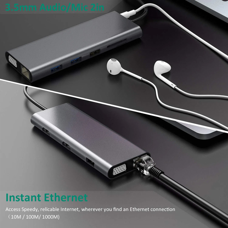 14 em 1 Usb C Hub Docking Tipo C Hub Usb Tipo C HDMI 2 Triple Display Docking Station VGA 4K