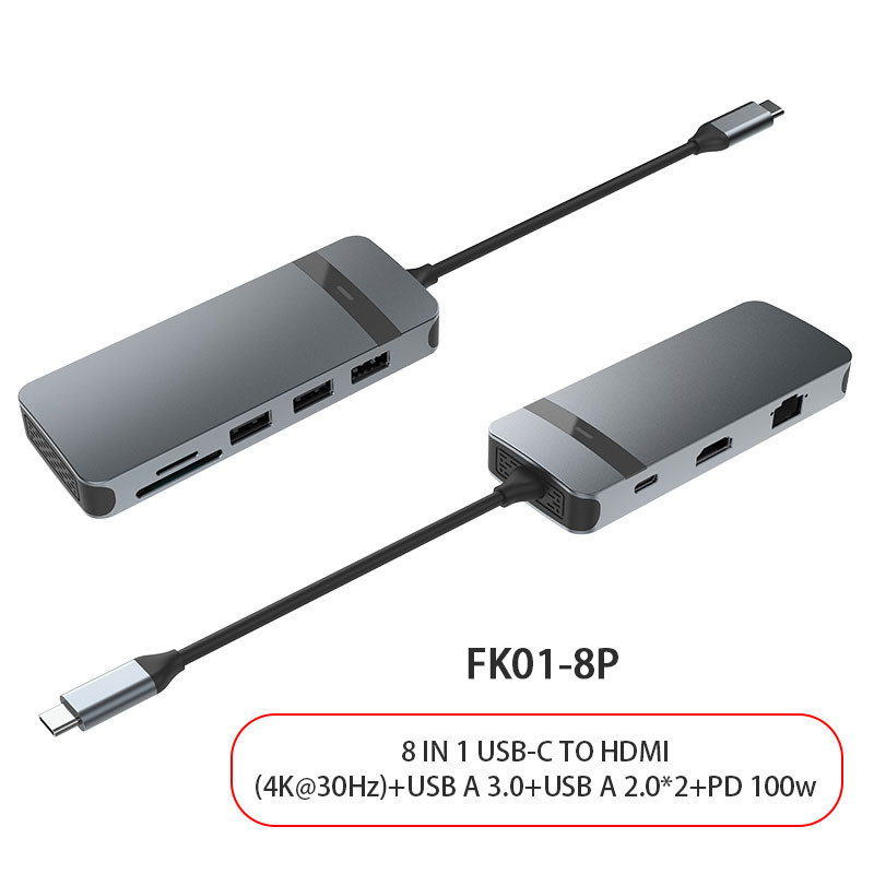 8 em 1 USB C Hub Adaptador Dongle 4K HDMI VGA Tipo C PD USB3.0 RJ45 Ethernet SD/TF