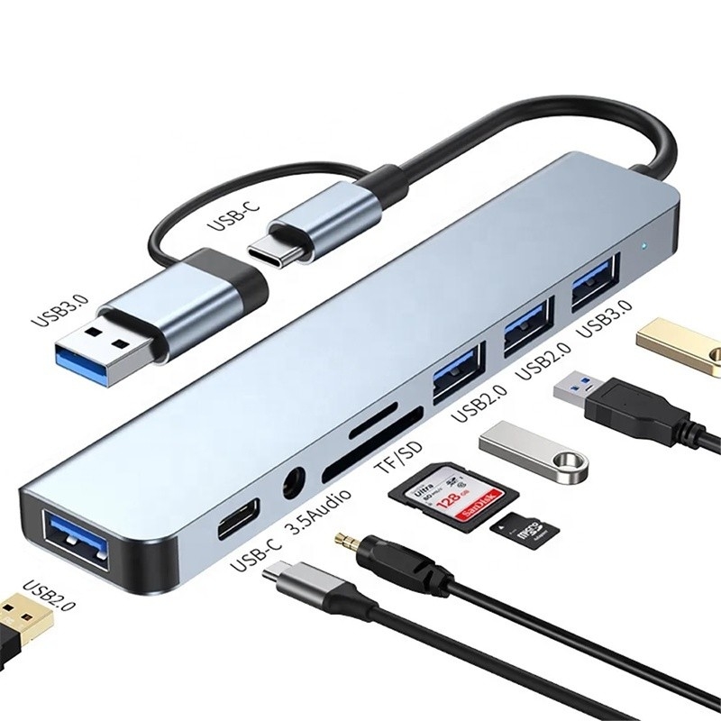 8-In-1 USB 3.0 Hub 3 * USB 2.0 3.5mm Audio SD / TF Card Reader Output para transferência de dados e carregamento