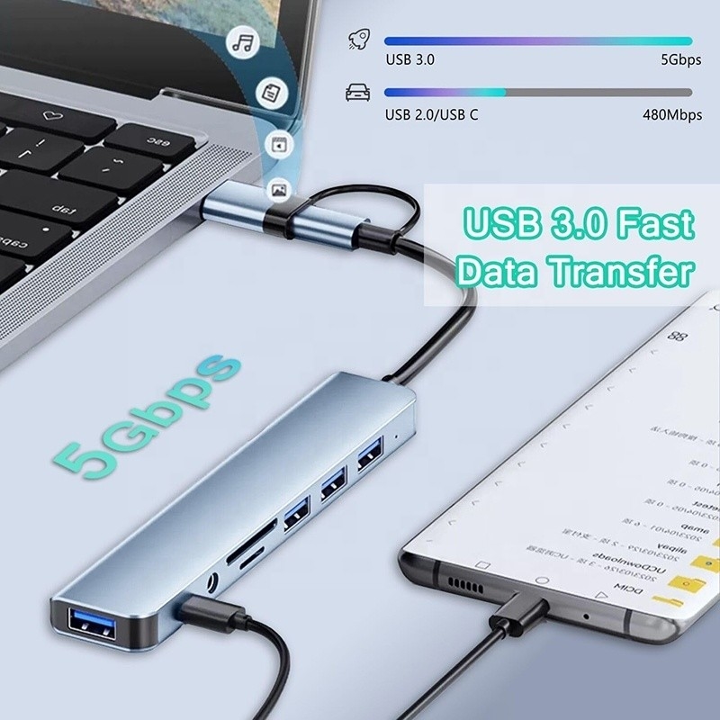 8-In-1 USB 3.0 Hub 3 * USB 2.0 3.5mm Audio SD / TF Card Reader Output para transferência de dados e carregamento