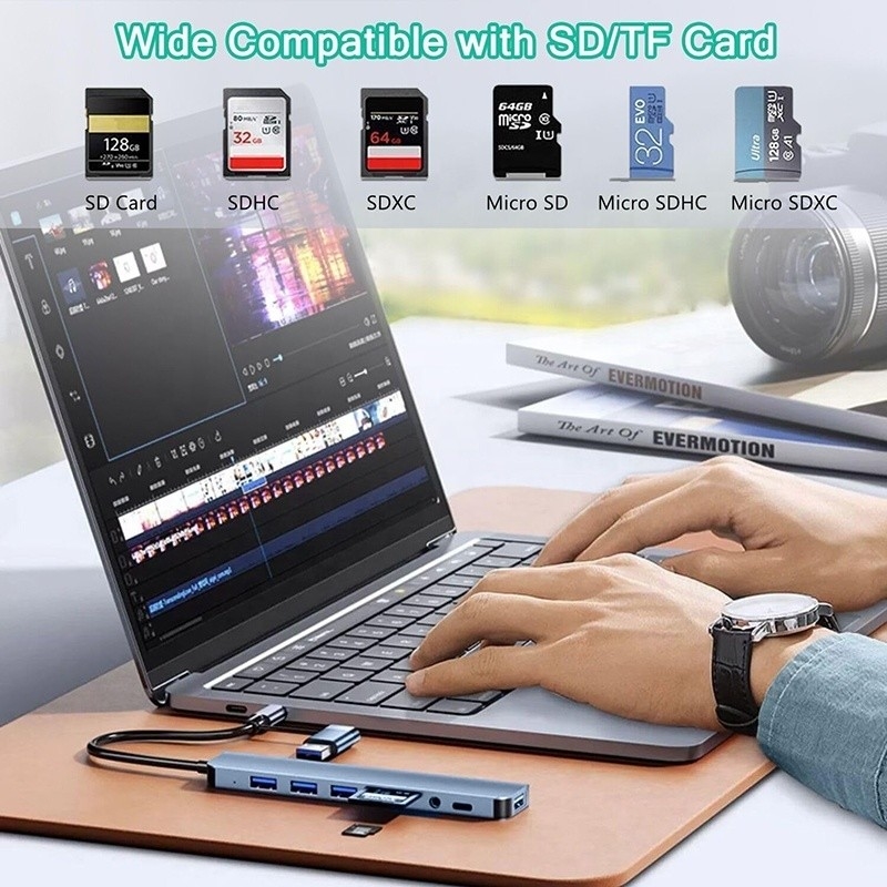 8-In-1 USB 3.0 Hub 3 * USB 2.0 3.5mm Audio SD / TF Card Reader Output para transferência de dados e carregamento