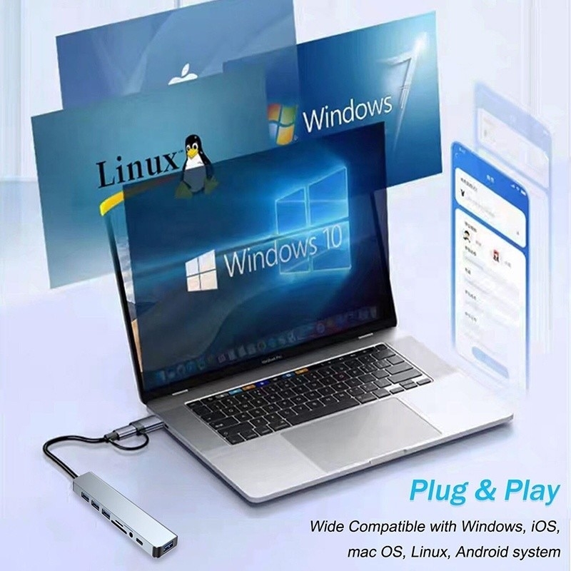 8-In-1 USB 3.0 Hub 3 * USB 2.0 3.5mm Audio SD / TF Card Reader Output para transferência de dados e carregamento