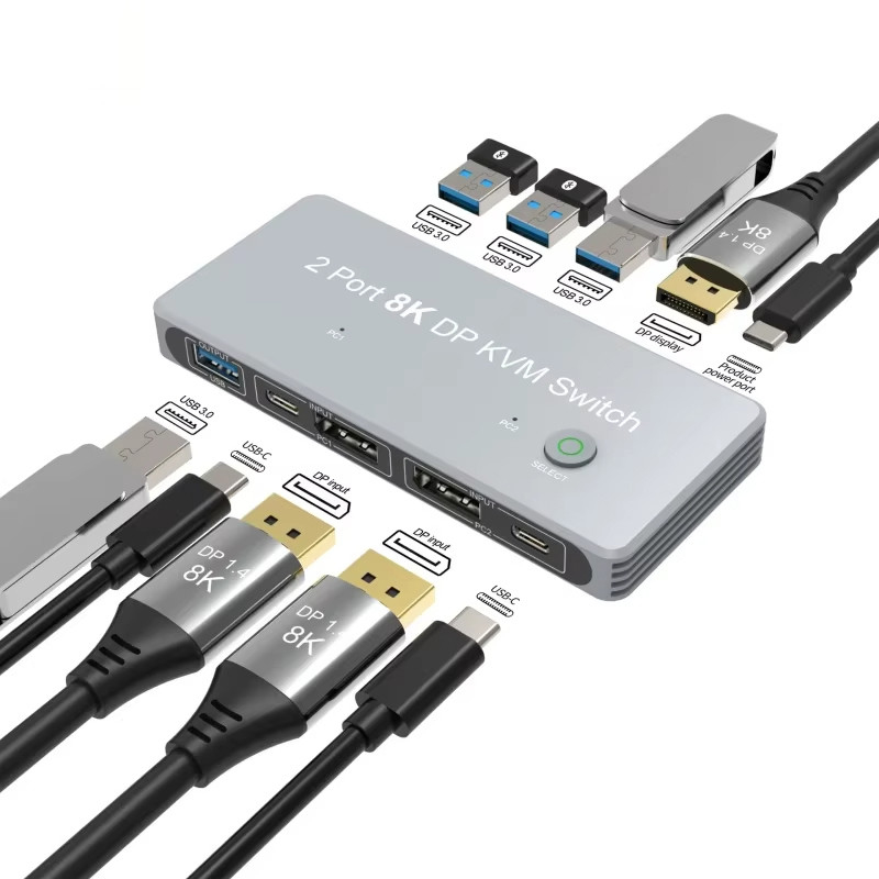 2-Port Displayport e USB KVM Switch 4K 144Hz 8K 60Hz 1.4 com 1.4 DP Interface USB