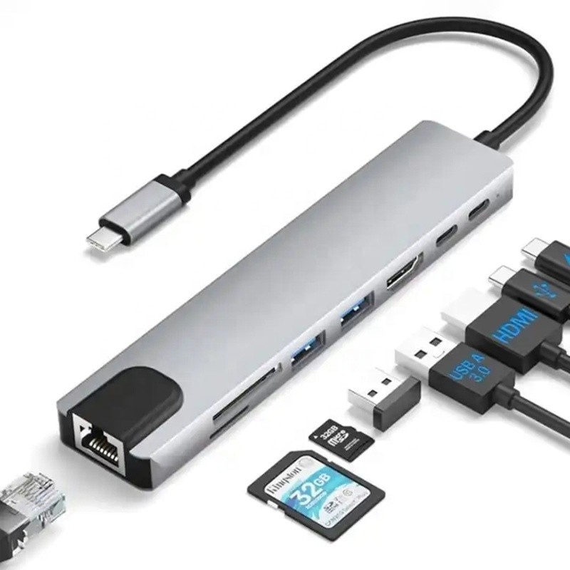 Adaptador multiporte versátil de 8 em 1 USB tipo C Hub para multitarefa e transferência de dados