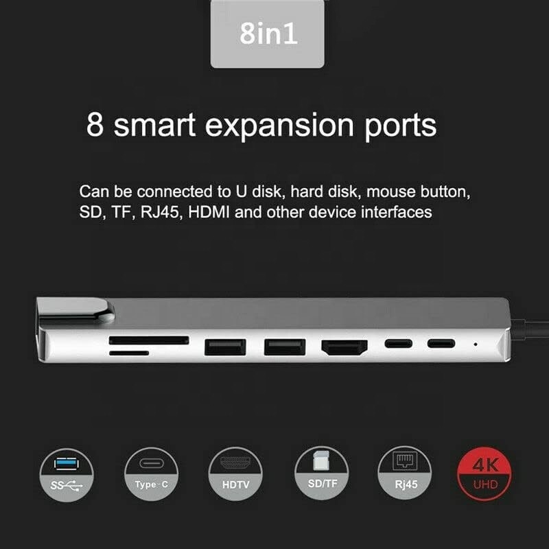 Adaptador multiporte versátil de 8 em 1 USB tipo C Hub para multitarefa e transferência de dados