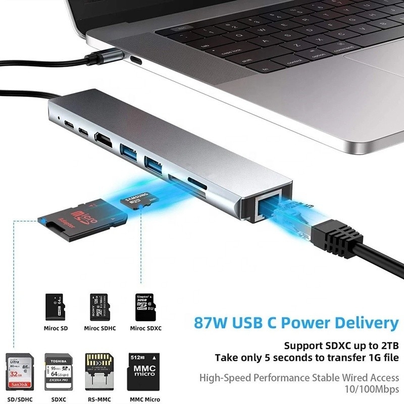 Adaptador multiporte versátil de 8 em 1 USB tipo C Hub para multitarefa e transferência de dados