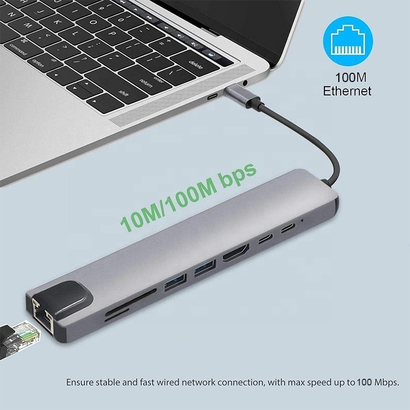 Adaptador multiporte versátil de 8 em 1 USB tipo C Hub para multitarefa e transferência de dados