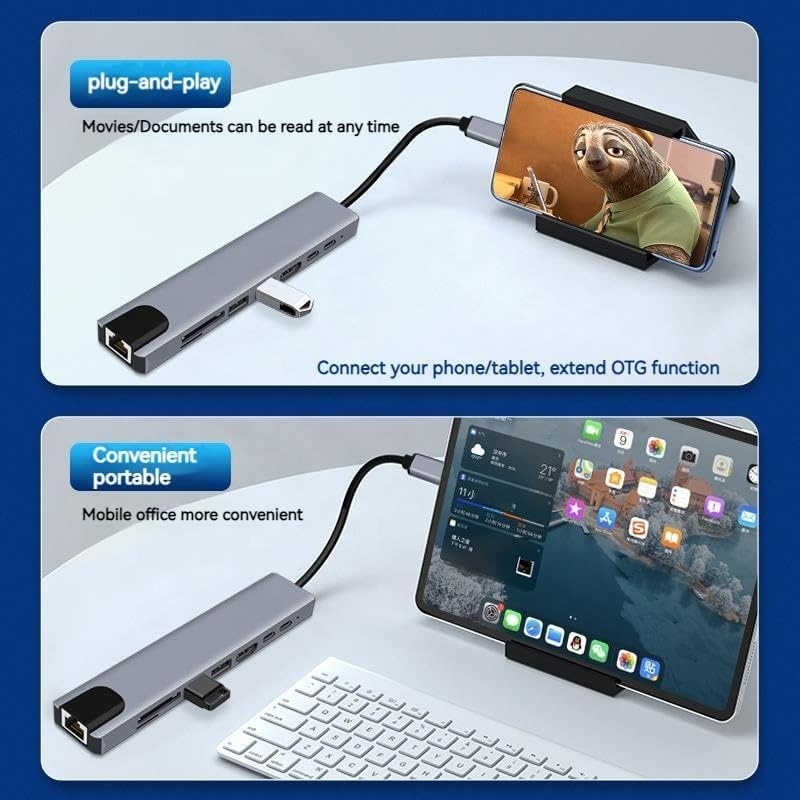 Adaptador multiporte versátil de 8 em 1 USB tipo C Hub para multitarefa e transferência de dados