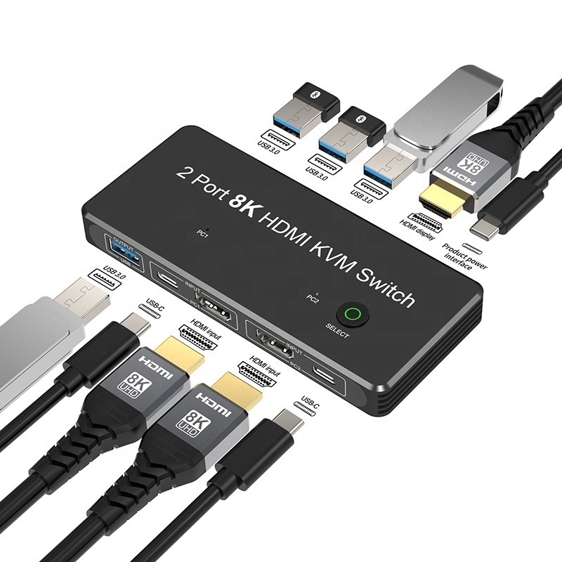 2 portas HDMI 2.1 KVM Switch com USB 3.0 2 Input 1 Output Indicadores LED Feminino-Feminino