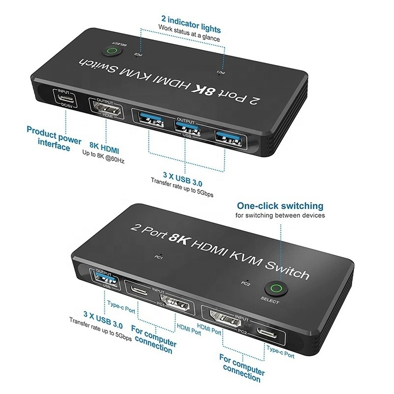 2 portas HDMI 2.1 KVM Switch com USB 3.0 2 Input 1 Output Indicadores LED Feminino-Feminino