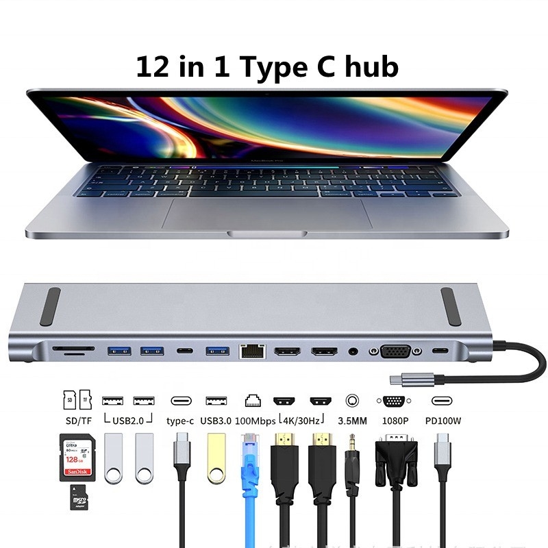 Estação de acoplagem USB-C Tipo-C 12 em 1 para transferência de dados de carregamento e função de alto-falante