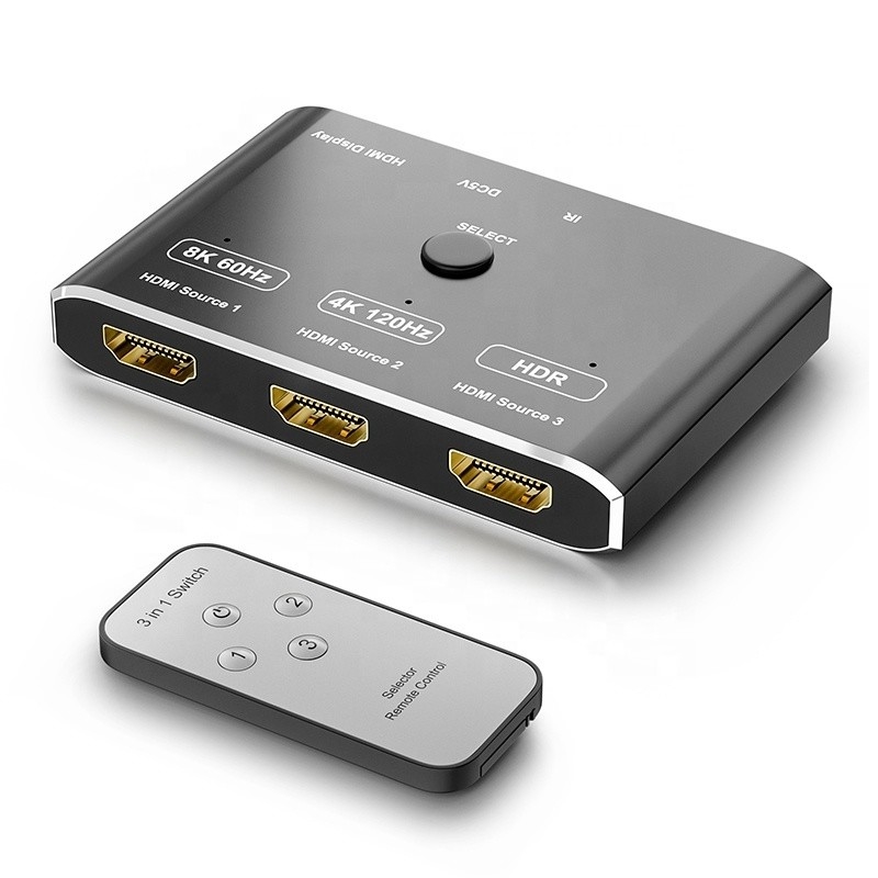 8K 120Hz HDR 3 Port HDMI Switch Switcher 3 em 1 Out Plug Remote Converter