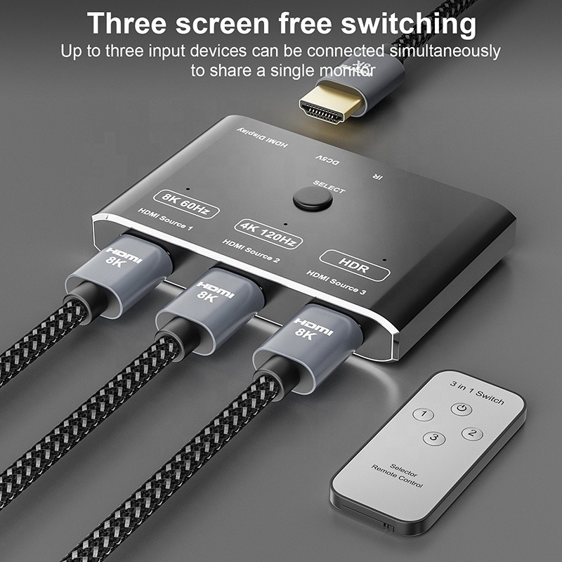 8K 120Hz HDR 3 Port HDMI Switch Switcher 3 em 1 Out Plug Remote Converter