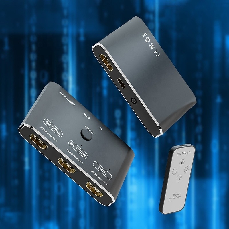 8K 120Hz HDR 3 Port HDMI Switch Switcher 3 em 1 Out Plug Remote Converter