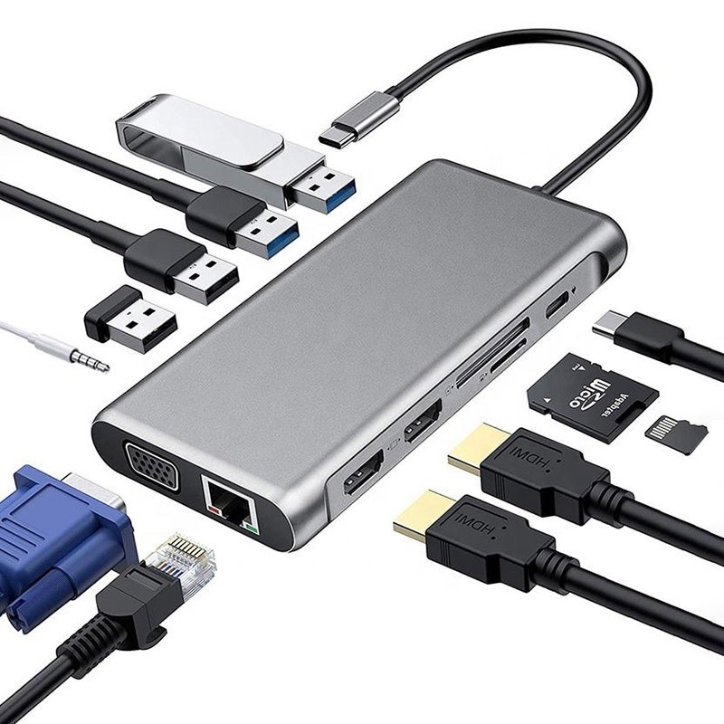Estação de acoplagem USB tipo-C de 12 em 1 HDMI 1080P 60Hz 2*HDMI VGA RJ45 4*USB Audio SD/TF PD