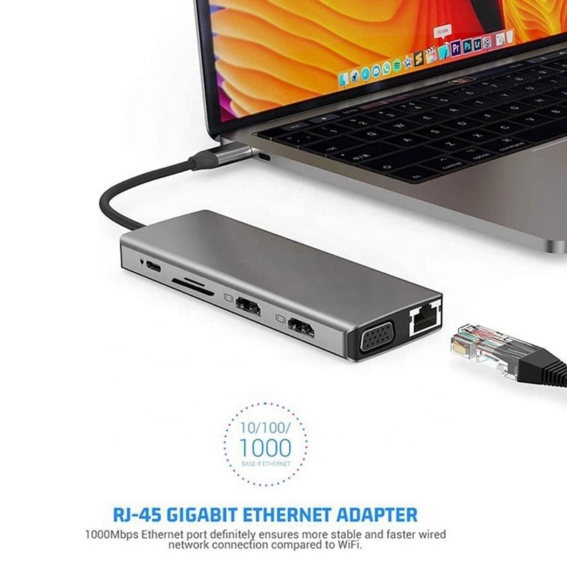 Estação de acoplagem USB tipo-C de 12 em 1 HDMI 1080P 60Hz 2*HDMI VGA RJ45 4*USB Audio SD/TF PD