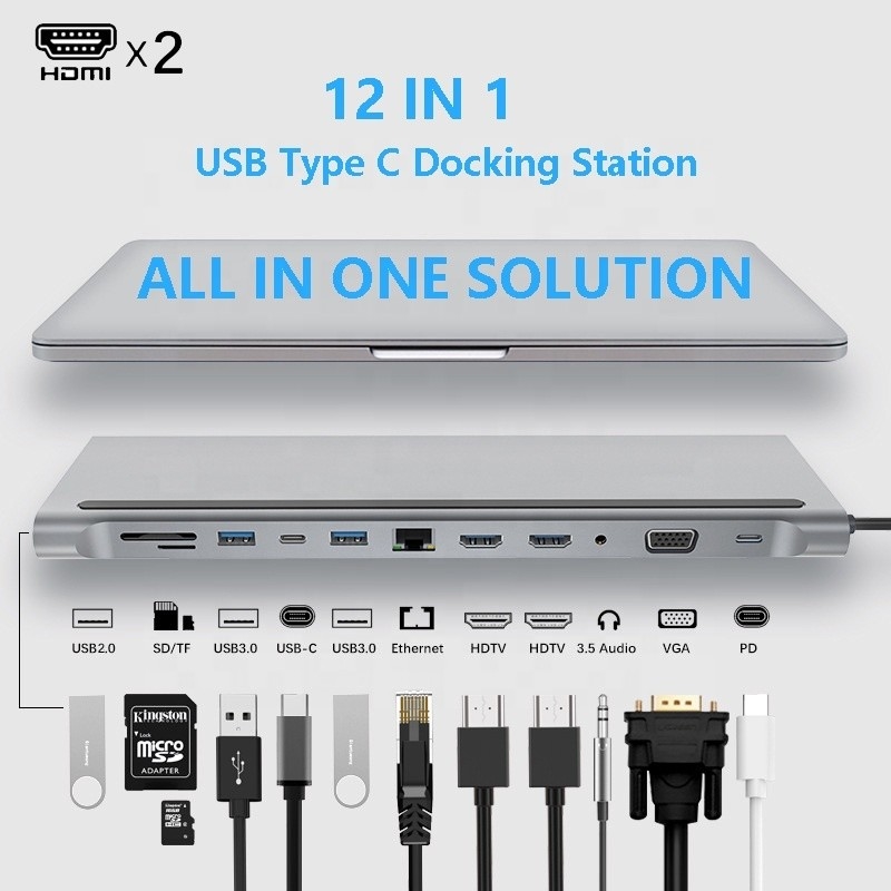 Conectividade aprimorada 12 em 1 USB Type-C Hub Multiport Dock Station com HDMI duplo