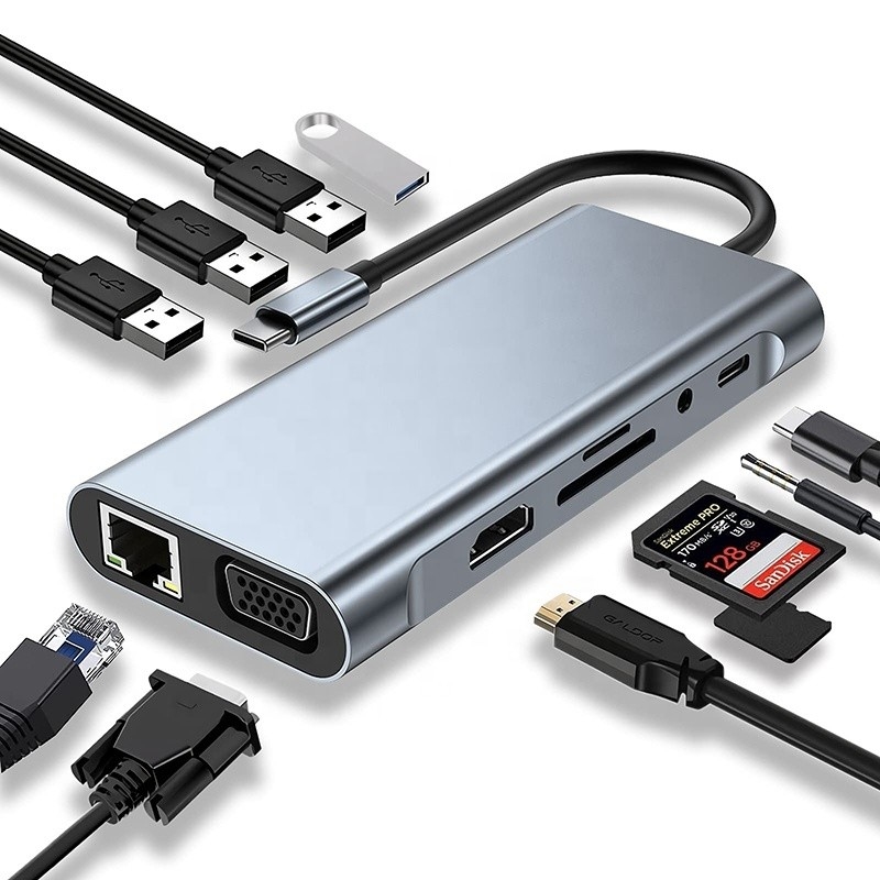 Multifunção USB C Hub Dock com Gigabit RJ45 Ethernet TF SD Card Reader HDMI VGA USB 3.0