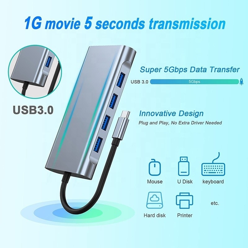 Multifunção USB C Hub Dock com Gigabit RJ45 Ethernet TF SD Card Reader HDMI VGA USB 3.0