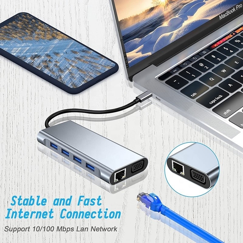 Multifunção USB C Hub Dock com Gigabit RJ45 Ethernet TF SD Card Reader HDMI VGA USB 3.0