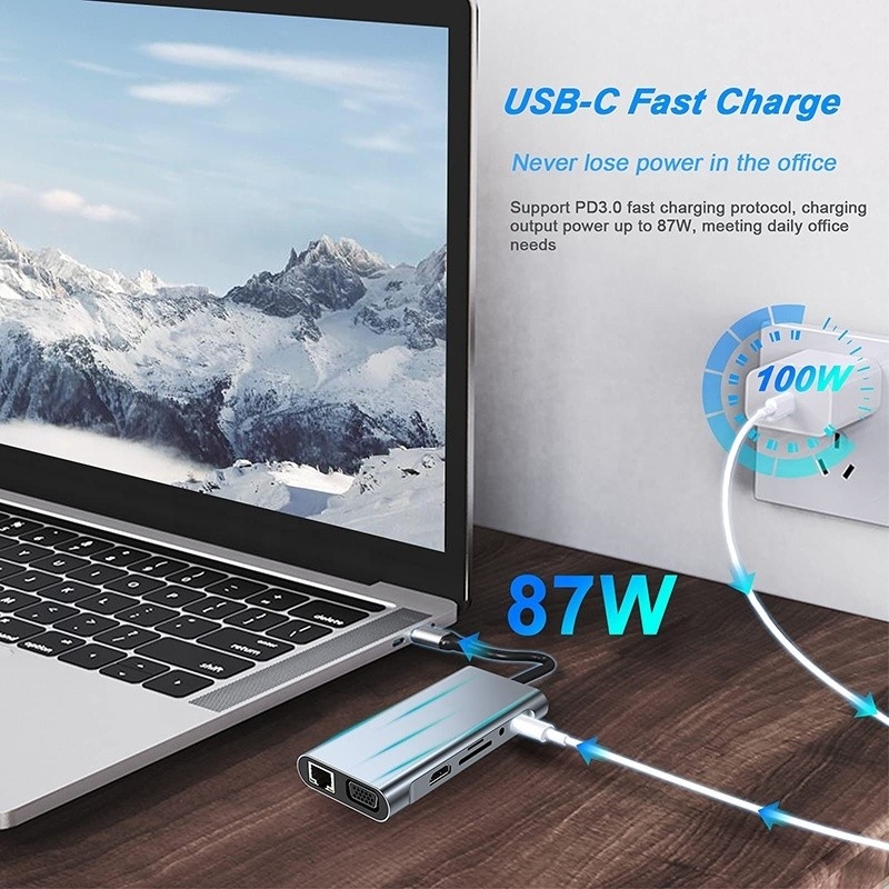 Multifunção USB C Hub Dock com Gigabit RJ45 Ethernet TF SD Card Reader HDMI VGA USB 3.0