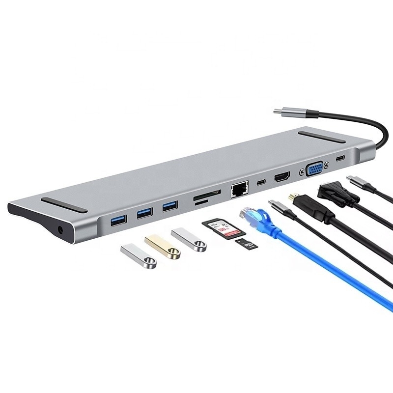 Estação de acoplagem USB C Tipo C 11 em 1 com VGA Ethernet 3.5 mm Audio TF / SD Card Reader